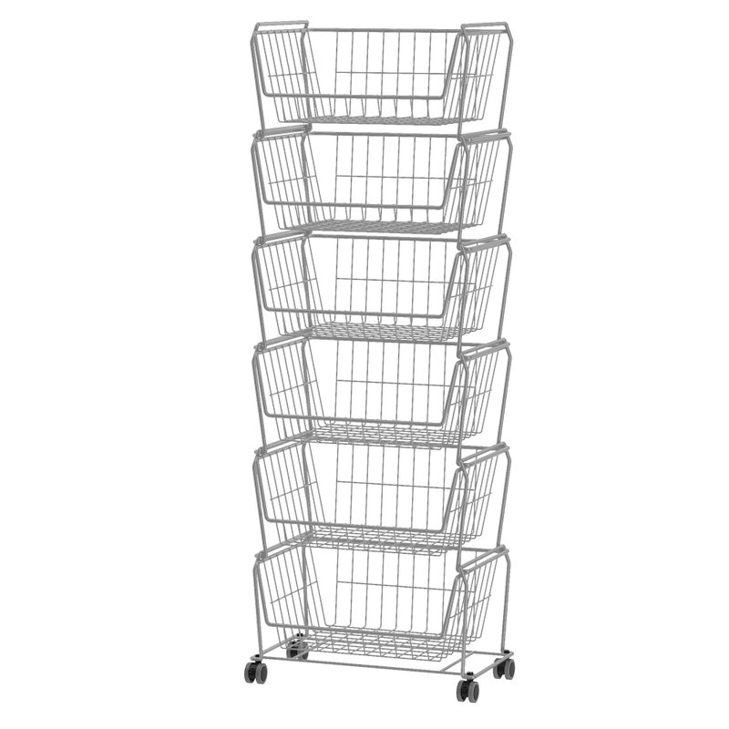 PUSDON Stackable Metal Storage Carts, Dual Use Shelf for Kitchen Fruit Vegetable Baskets with Wheels, Storage Rack for Living Room, Home & Office, Standard Silver Grey 6 Tiers - Image 1