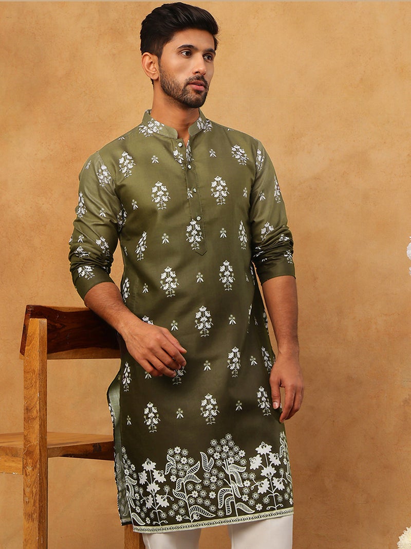 NOZ2TOZ Olive Printed Cotton Blend Kurta for Men - Image 1