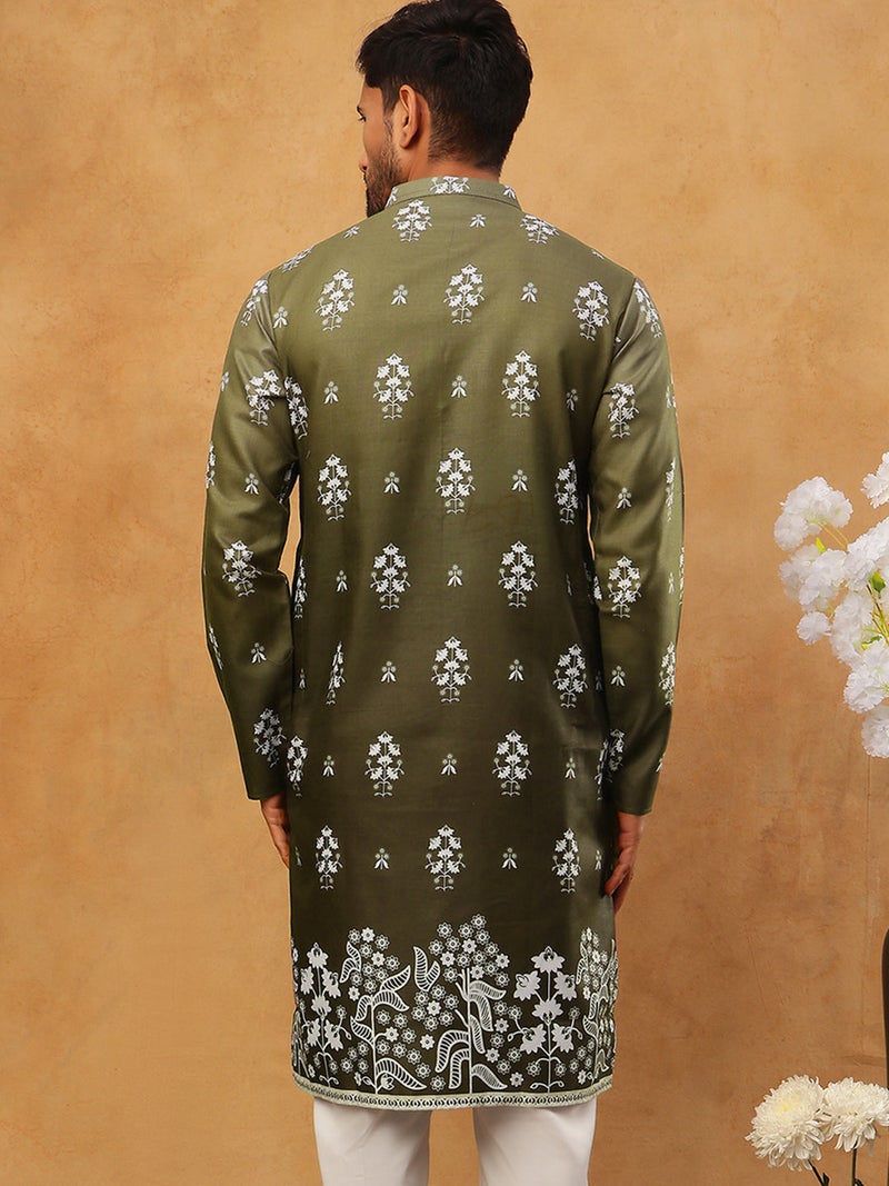 NOZ2TOZ Olive Printed Cotton Blend Kurta for Men - Image 2