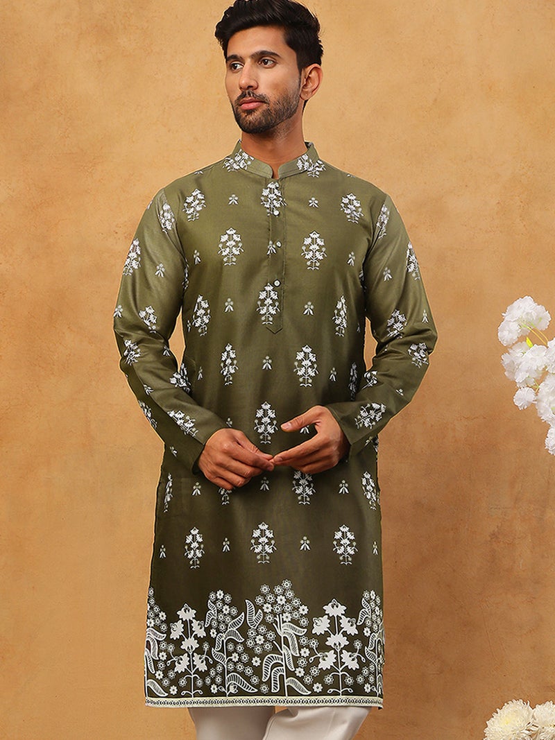NOZ2TOZ Olive Printed Cotton Blend Kurta for Men - Image 5