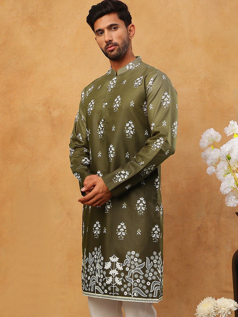 NOZ2TOZ Olive Printed Cotton Blend Kurta for Men - Image 3