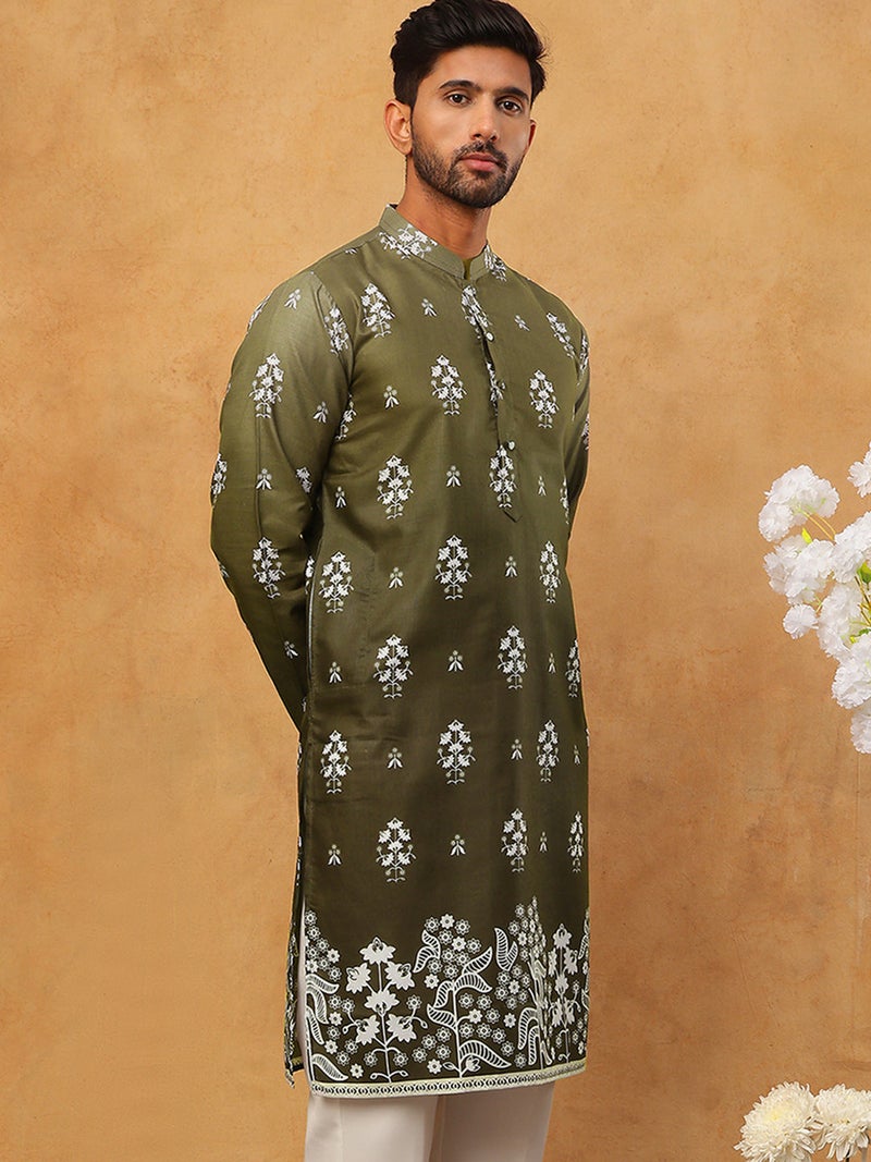NOZ2TOZ Olive Printed Cotton Blend Kurta for Men - Image 4
