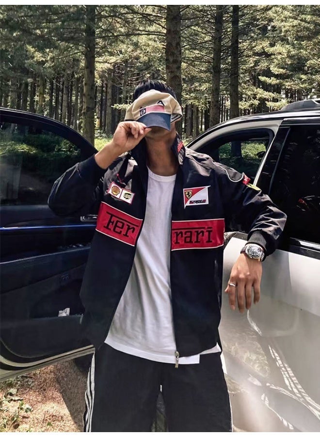 اف 1 F1 Racing Jacket - Black Retro Track Style, Embroidered Logo Badges, Windproof Fabric, Casual Streetwear Coat for Daily & Outdoor Styling - Image 4