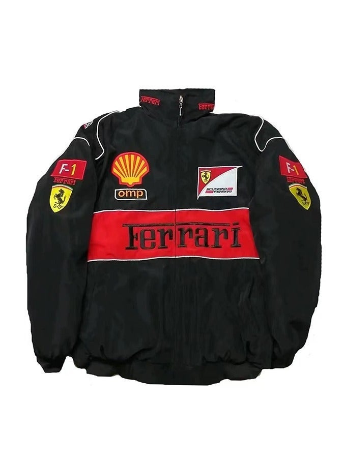 اف 1 F1 Racing Jacket - Black Retro Track Style, Embroidered Logo Badges, Windproof Fabric, Casual Streetwear Coat for Daily & Outdoor Styling - Image 2