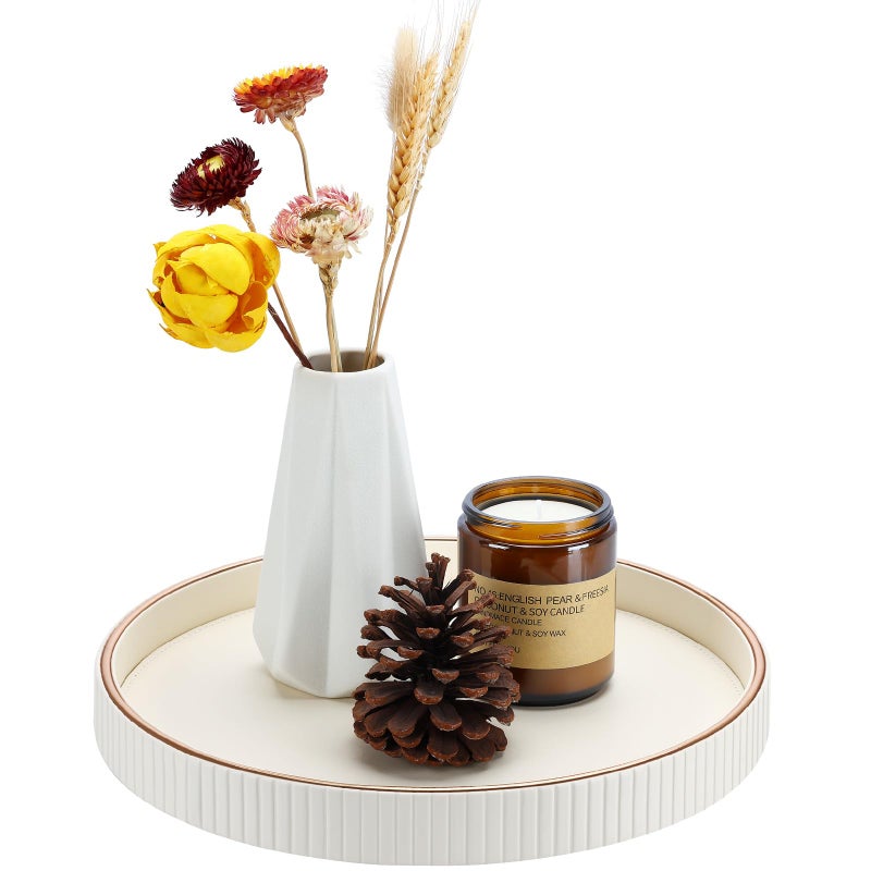KINGFOM Round Decorative Tray, PU Leather Vanity Tray Organizer with Gold Trim for Dresser, Coffee Table & Bathroom Counter, Modern Home Decor Jewelry & Perfume Tray for Men Women (Ivory White) - Image 1