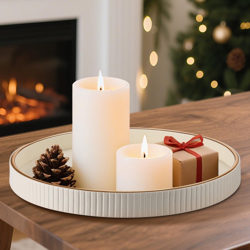 KINGFOM Round Decorative Tray, PU Leather Vanity Tray Organizer with Gold Trim for Dresser, Coffee Table & Bathroom Counter, Modern Home Decor Jewelry & Perfume Tray for Men Women (Ivory White) - Image 5