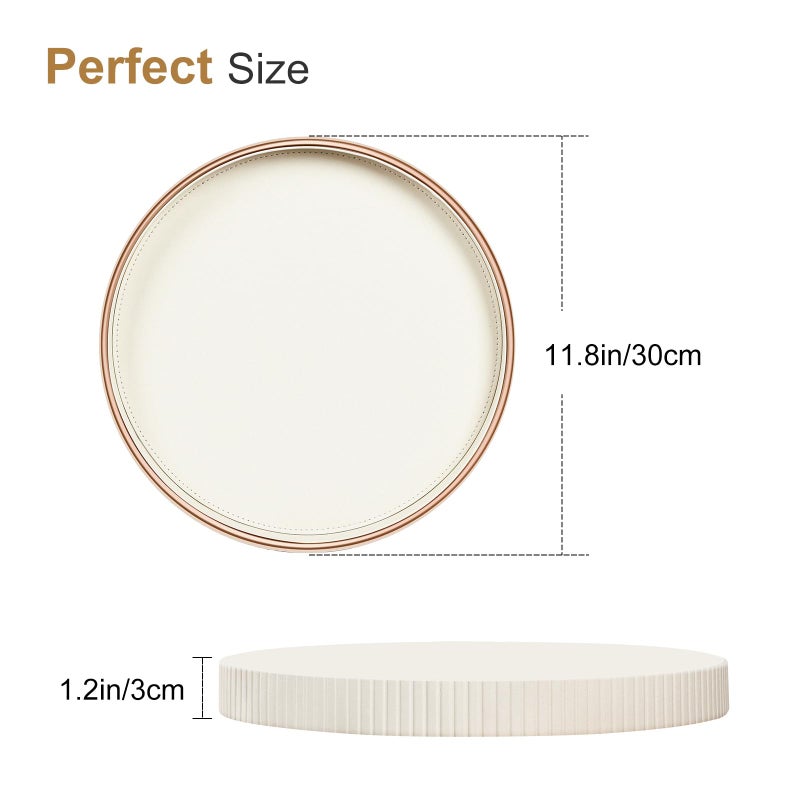 KINGFOM Round Decorative Tray, PU Leather Vanity Tray Organizer with Gold Trim for Dresser, Coffee Table & Bathroom Counter, Modern Home Decor Jewelry & Perfume Tray for Men Women (Ivory White) - Image 2