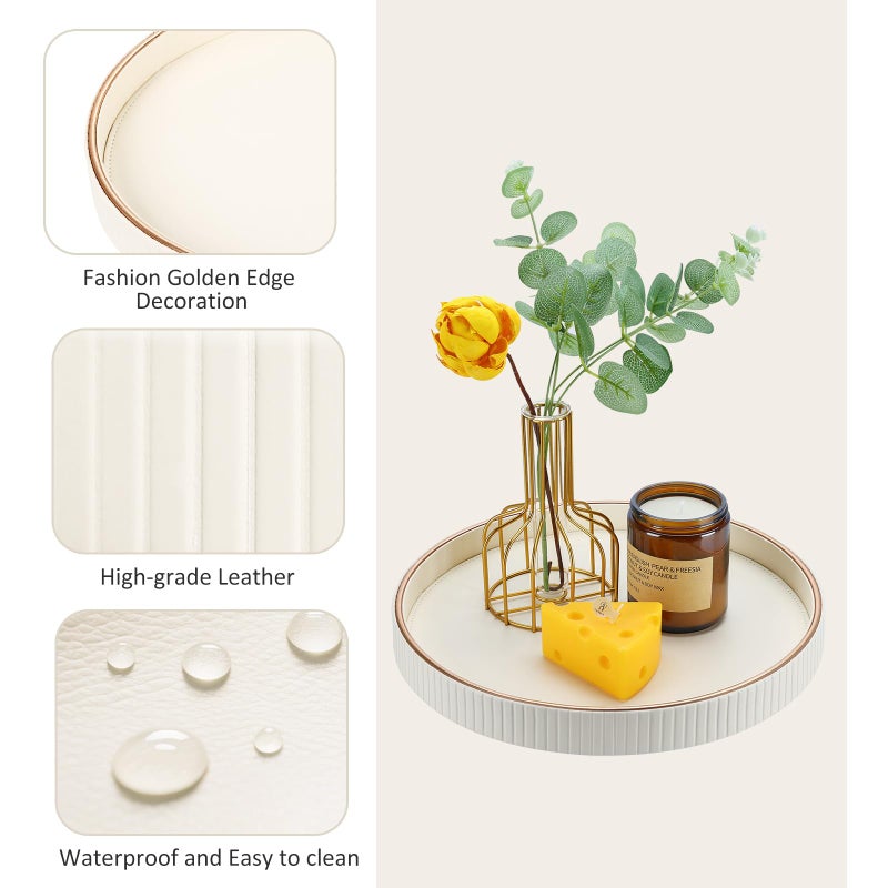 KINGFOM Round Decorative Tray, PU Leather Vanity Tray Organizer with Gold Trim for Dresser, Coffee Table & Bathroom Counter, Modern Home Decor Jewelry & Perfume Tray for Men Women (Ivory White) - Image 4