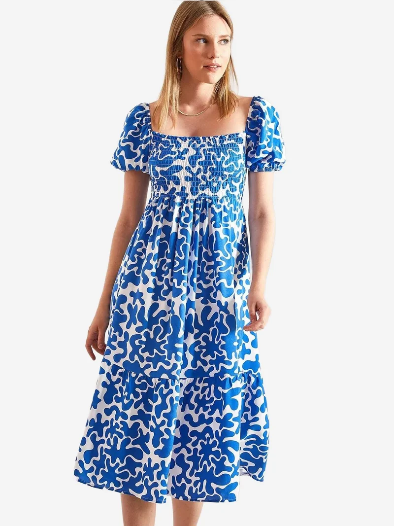 Bianco Lucci LUCCI Smocked Midi Dress with Square Collar