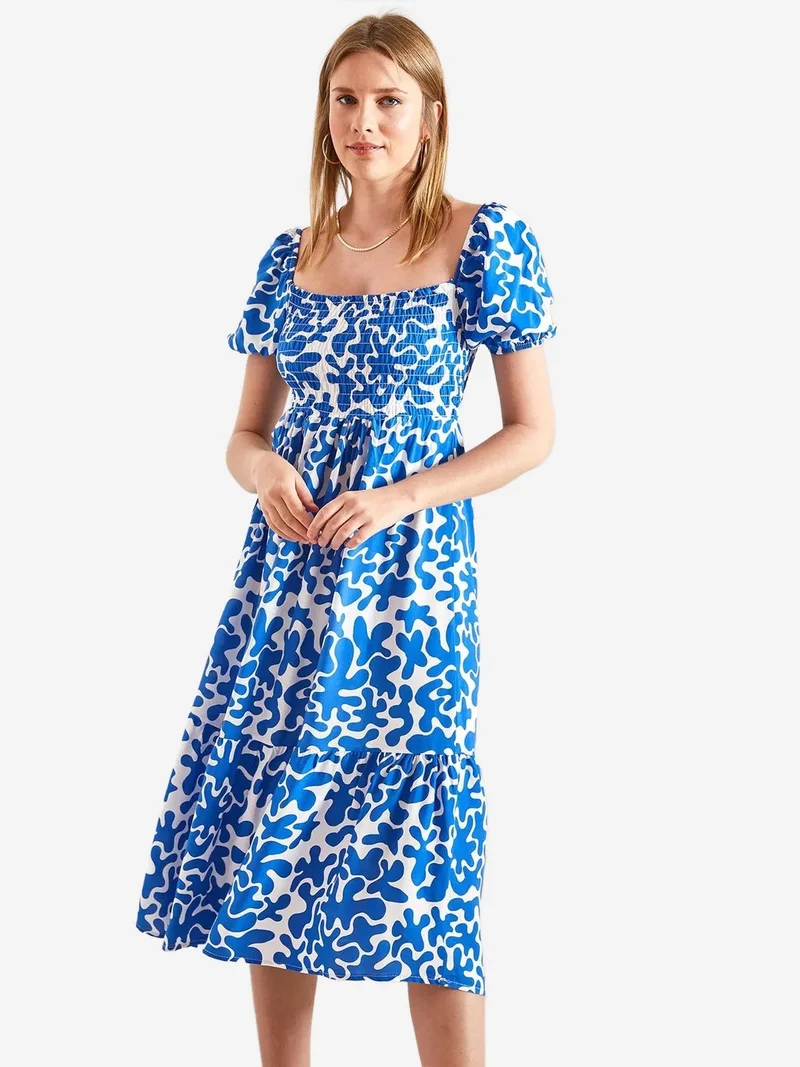 Bianco Lucci Maya Blue LUCCI Smocked Midi Dress with Square Collar for Women | Best Price UAE
