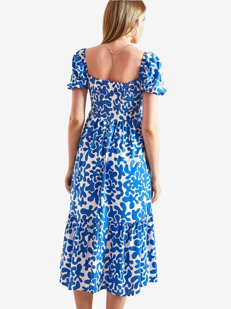 Bianco Lucci LUCCI Smocked Midi Dress with Square Collar