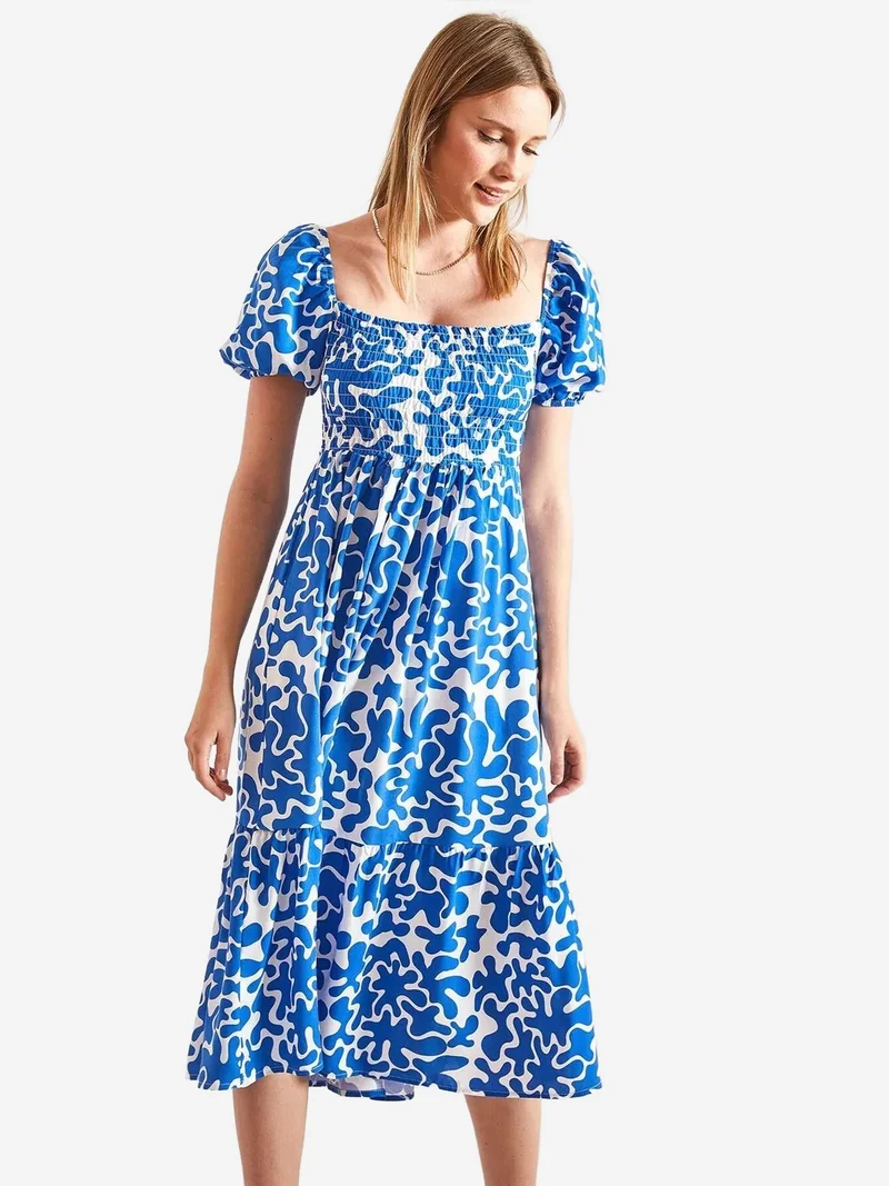 Bianco Lucci Maya Blue LUCCI Smocked Midi Dress with Square Collar for Women | Best Price UAE