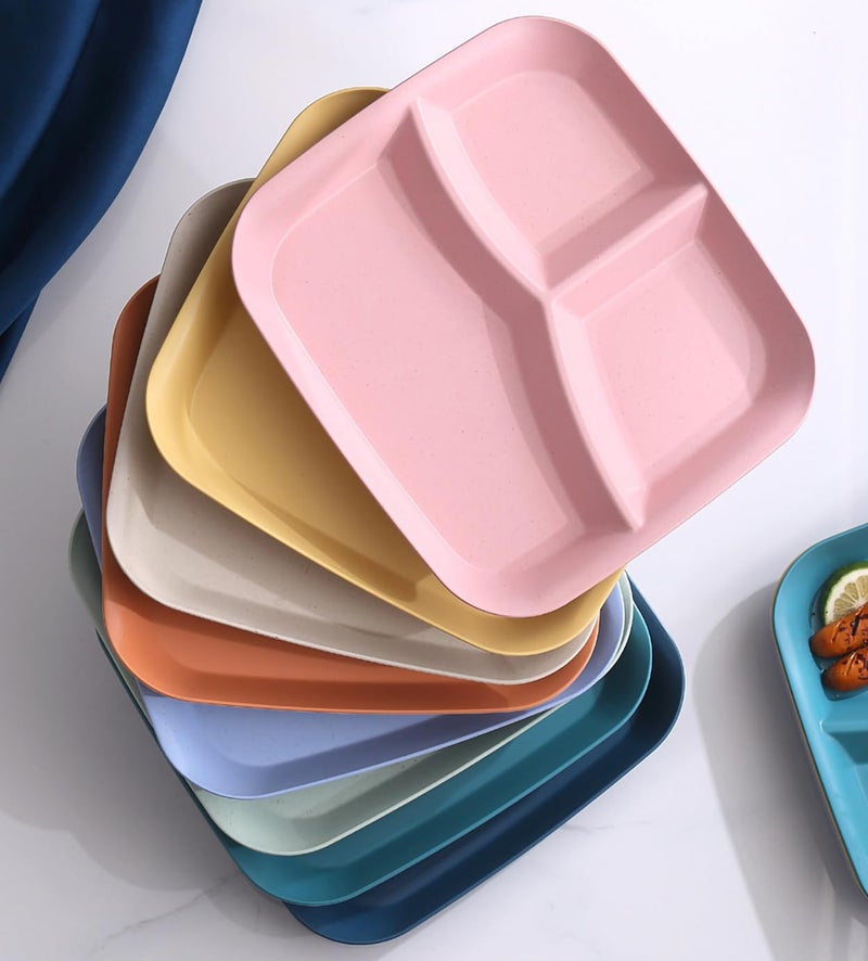 P-PLUS INTERNATIONAL Portion Control Plates Divided Plates for Adults Wheat Straw Divided Plate Unbreakable Dinner Dishes Reusable Diet Plate, Microwave Safe (25cm, Random Color, Pack of 4) - Image 3