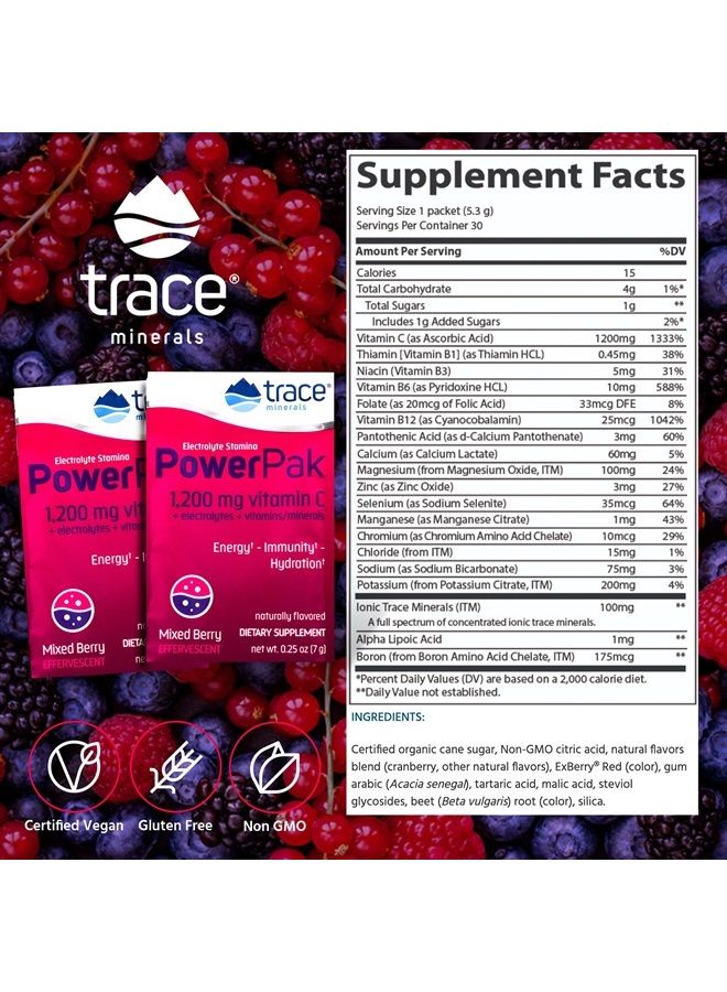 Trace Minerals Power Pak Electrolyte Powder Packets | 1200 mg Vitamin C, Zinc, Magnesium | Boost Hydration, Immunity, Energy, Muscle Stamina | Mixed Berry | 30 Packets  - Image 4