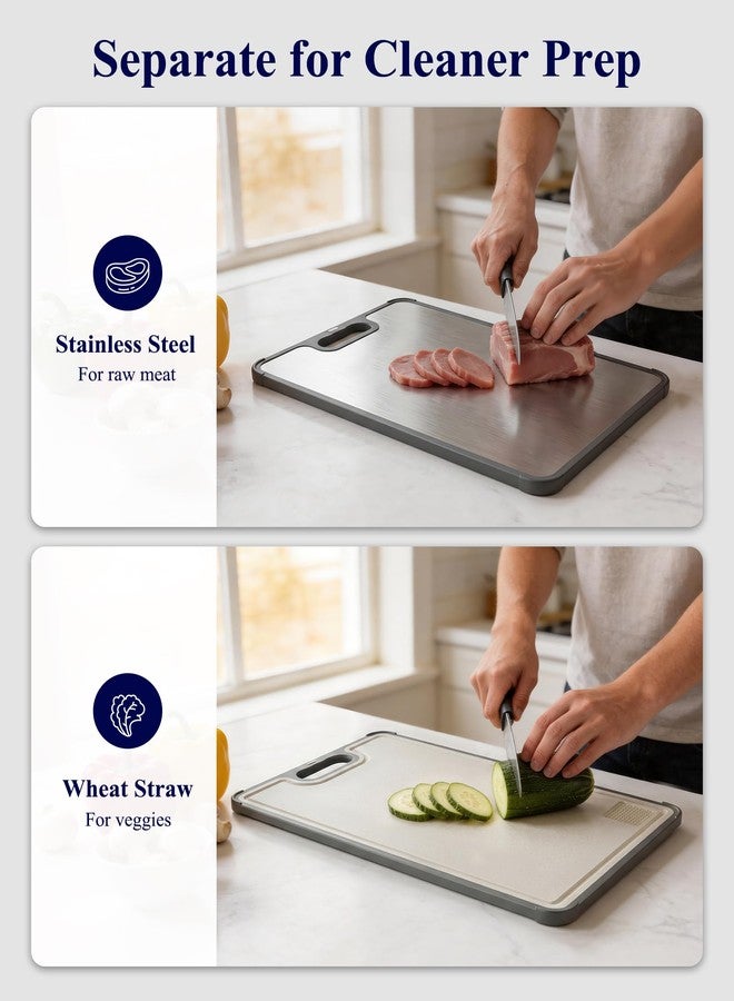 Kitsure Double-Sided Cutting Board for Kitchen - Stainless Steel Cutting Board with Wheat Straw Side, Non-Toxic Chopping Board with Juice Groove, Garlic Grinder & Non-Slip Design, 14.5 x 10.0" - Image 2