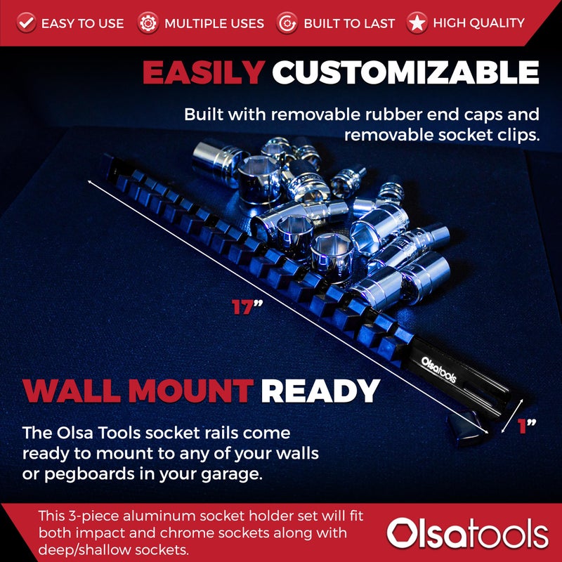 Olsa Tools Socket Organizer Set (3pc, Black) - Socket Holder and Socket Rail for 1/2-Inch, 3/8-Inch, and 1/4-Inch Drive Sockets - Holds 58 Chrome or Impact Sockets - Professional-Grade - Part: 1023 - Image 3