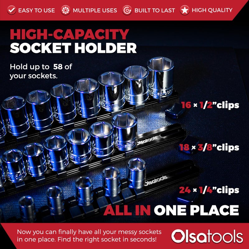 Olsa Tools Socket Organizer Set (3pc, Black) - Socket Holder and Socket Rail for 1/2-Inch, 3/8-Inch, and 1/4-Inch Drive Sockets - Holds 58 Chrome or Impact Sockets - Professional-Grade - Part: 1023 - Image 2