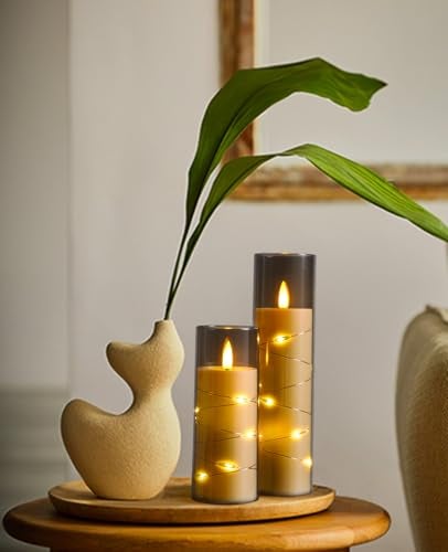ACROSS Grey Flameless Candles with String Lights Battery Operated LED Pillar Candles 5 6 7 8 Candle with Remote ControlFake Candle Set of 12 for Special Festivals Decorations - Image 3