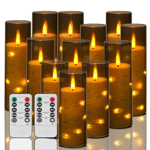 ACROSS Grey Flameless Candles with String Lights Battery Operated LED Pillar Candles 5 6 7 8 Candle with Remote ControlFake Candle Set of 12 for Special Festivals Decorations - Image 1