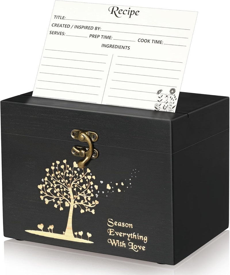 CypherX Wood Recipe Card Box - Recipe Box Set with 50 Blank Cards and 8 Wood Dividers, 4 x6 Index Card Box, Holiday Kitchen Decor, Housewarming, Bridal Shower Gift, Classic Black - Image 1