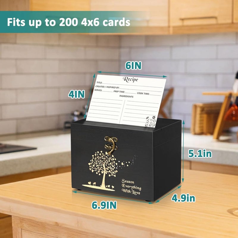 CypherX Wood Recipe Card Box - Recipe Box Set with 50 Blank Cards and 8 Wood Dividers, 4 x6 Index Card Box, Holiday Kitchen Decor, Housewarming, Bridal Shower Gift, Classic Black - Image 3