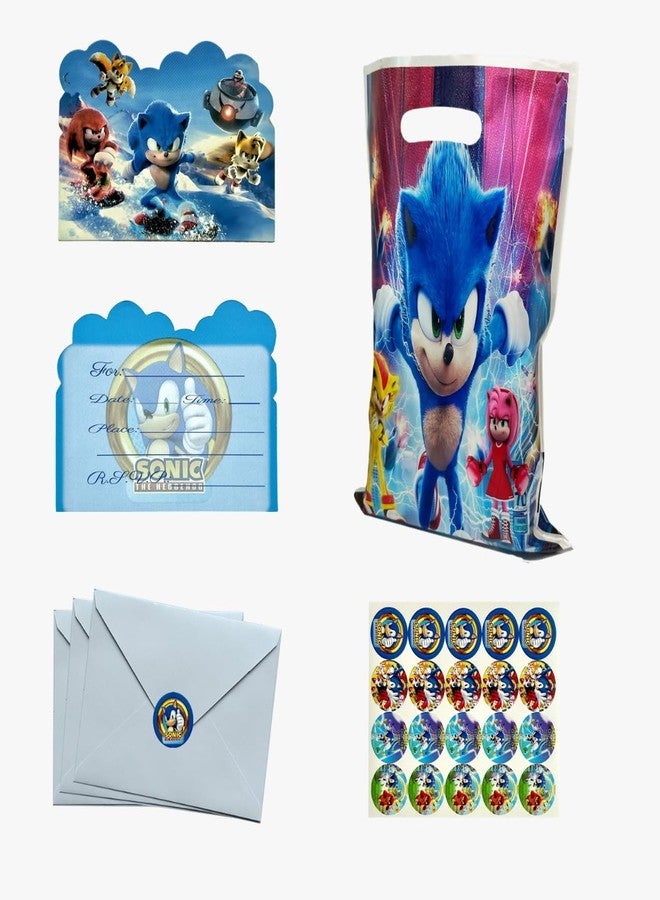 Rovercci 20 Sonic invitation card & 20 white envelopes with 20 stickers and 20 Sonic Goodie and candies Bags party favor with handles for birthday party decoration and supplies - Image 1