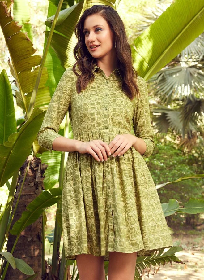 Olive Green Printed A-Line Dress for Women
