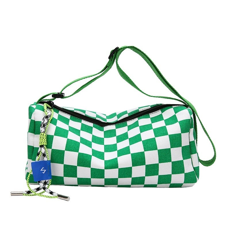 Korean Style Casual Canvas Boston Bag for Women, Large Capacity Shoulder Crossbody Bag with Checkered Design