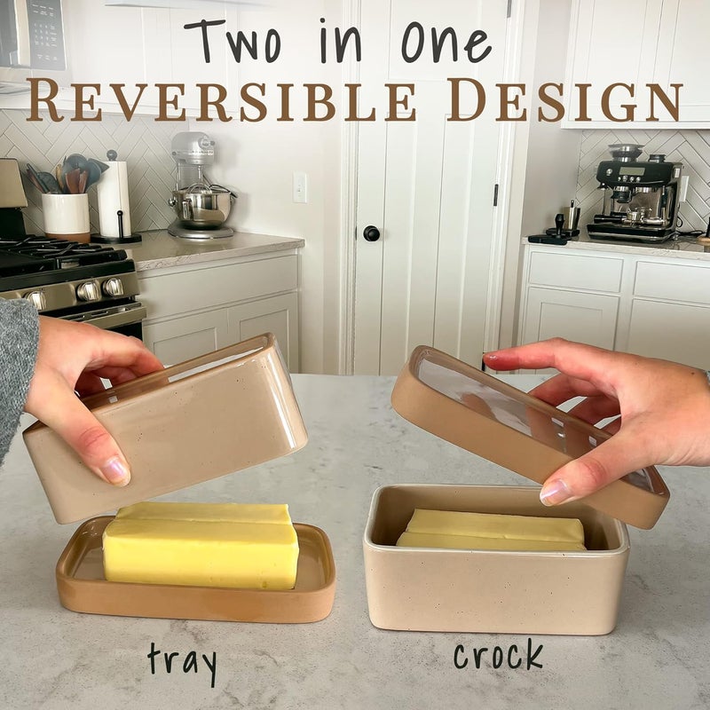 Mora Ceramic Two-in-One Butter Dish with Lid, Covered Butter Crock Container to Leave on Countertop - Large Storage Keeper/Holder for Kitchen, Gifts for Her, Butter Tray For Counter - Chai - Image 2