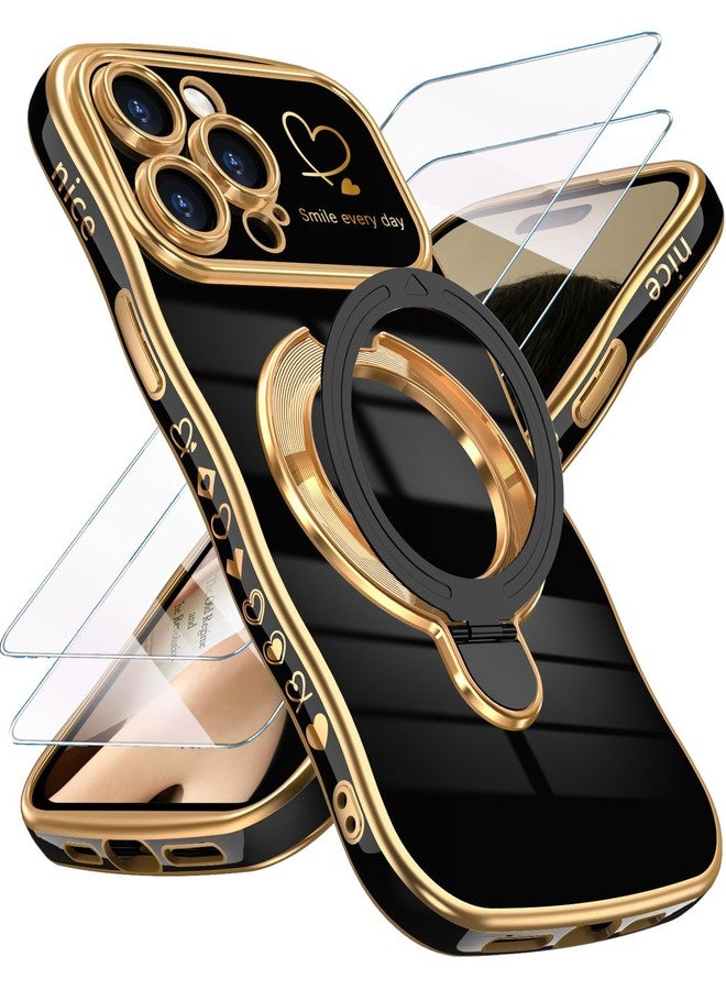 جراب Liufcx لهاتف iPhone 14 Pro Max مع واقي شاشة: جراب فاخر مطلي بالذهب بتصميم لطيف وحواف مموجة على شكل قلب مع مسند، غطاء حماية نحيف وناعم من مادة TPU مقاوم للصدمات لهاتف iPhone 14 Pro Max (أسود) - Image 1