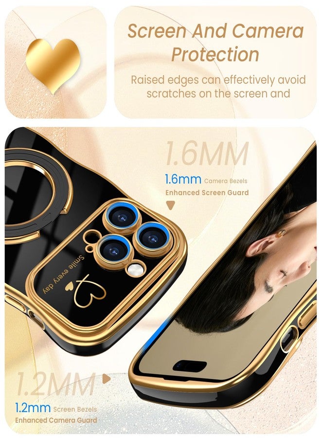 جراب Liufcx لهاتف iPhone 14 Pro Max مع واقي شاشة: جراب فاخر مطلي بالذهب بتصميم لطيف وحواف مموجة على شكل قلب مع مسند، غطاء حماية نحيف وناعم من مادة TPU مقاوم للصدمات لهاتف iPhone 14 Pro Max (أسود) - Image 3