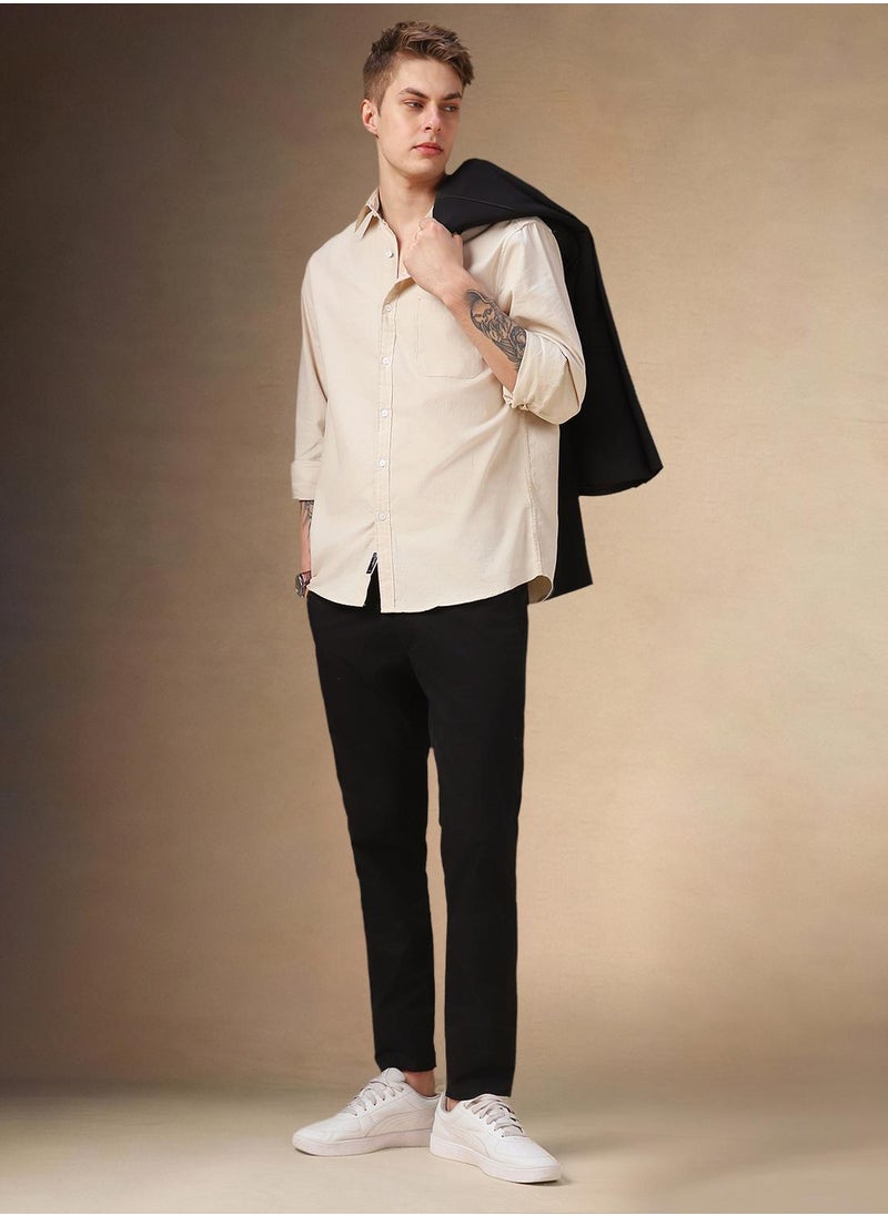 Dennis Lingo Men's Beige 100% Cotton Solid Button Down Relaxed Fit Shirt  - Image 5