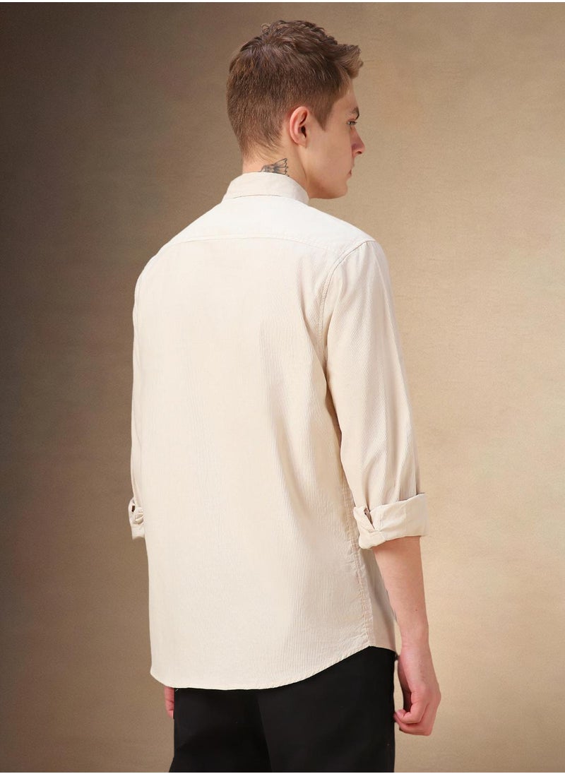 Dennis Lingo Men's Beige 100% Cotton Solid Button Down Relaxed Fit Shirt  - Image 3