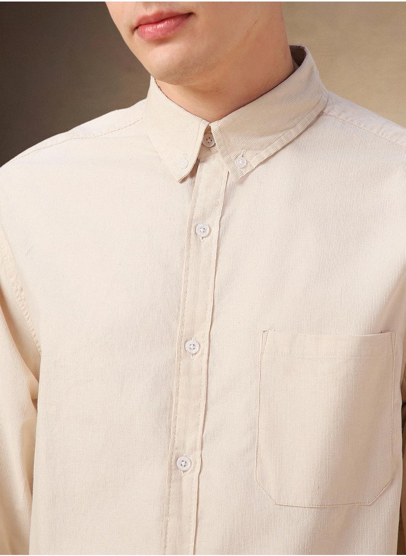 Dennis Lingo Men's Beige 100% Cotton Solid Button Down Relaxed Fit Shirt  - Image 4