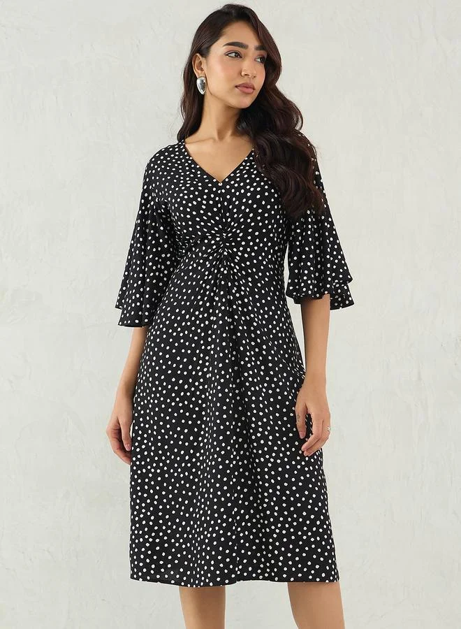 Femmella Femmella Black Polka Dot Print Flared Sleeves A-Line Midi Dress with Knotted Front