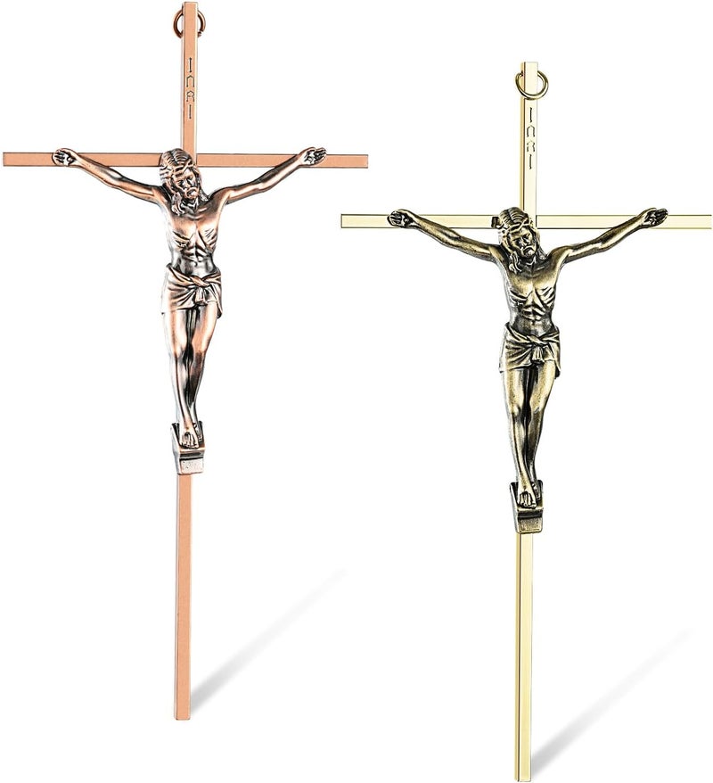 ACHIBANG 2 Pack Crucifix Wall Cross – Gold & Copper Catholic Jesus Crosses for Wall, 10" Metal Crucifix Decor for Blessing & Protection - Image 1