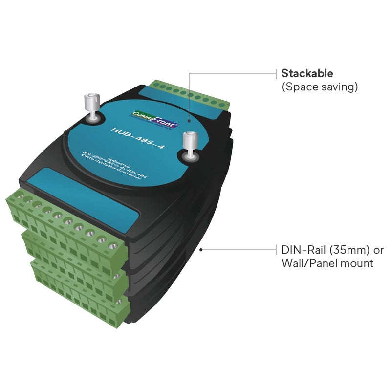 COMMFRONT Industrial RS485 Opto-Isolated Hub/Splitter/Repeater, 2500V Optical Isolation, Supports 4x128 RS-485 nodes (Expandable), DIN-Rail/Wall/Panel Mount - Image 4