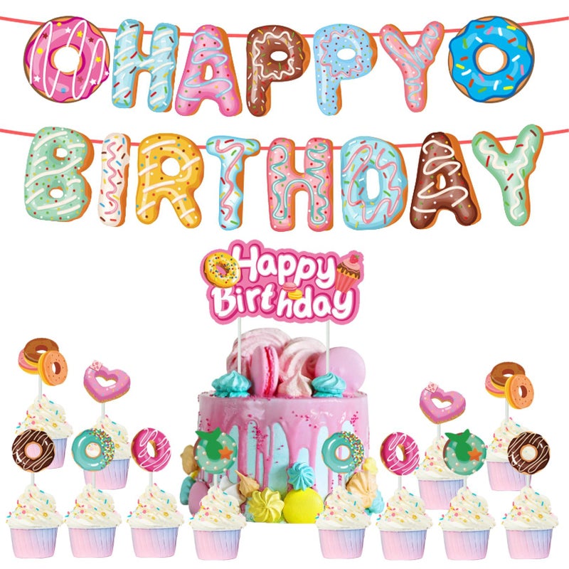 DONUT Birthday Party Decoration 14 Pcs Donut Cupcake Toppers Happy Birthday Banner Donut Themed Party Tea Party for Kids Birthday Baby Shower Wall Decoration - Image 2