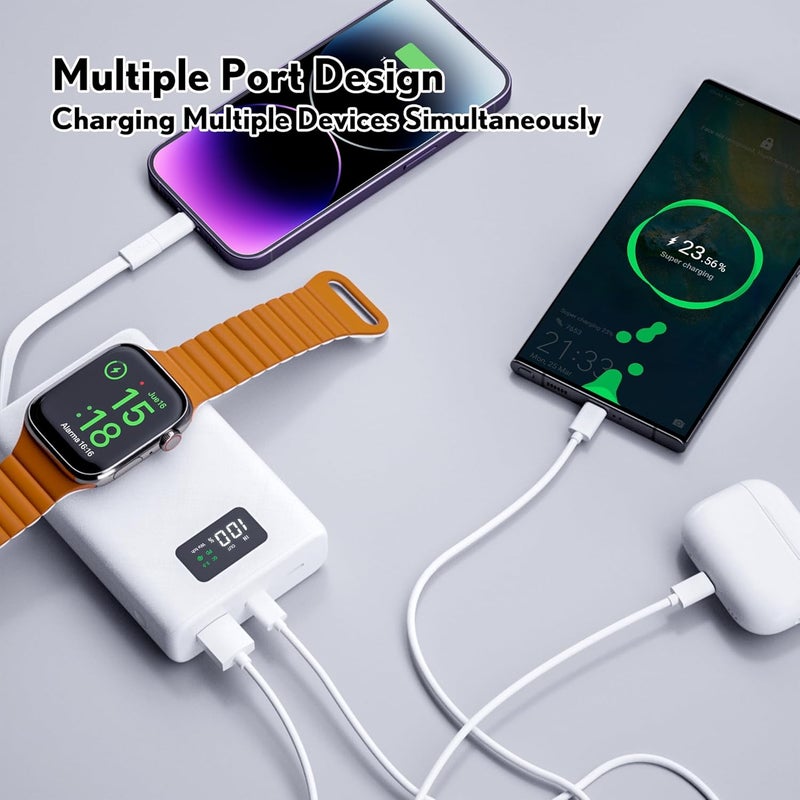 بزوز بنك طاقة بسعة 20000 مللي أمبير، شاحن محمول 2 في 1 لأجهزة iPhone 14 و15 و16 وساعة آبل سيريز والمزيد من الأجهزة، حزمة بطارية مزودة بكابل USB C مدمج ومحول Lightning، يدعم PD QC 3.0 (أبيض) - Image 4
