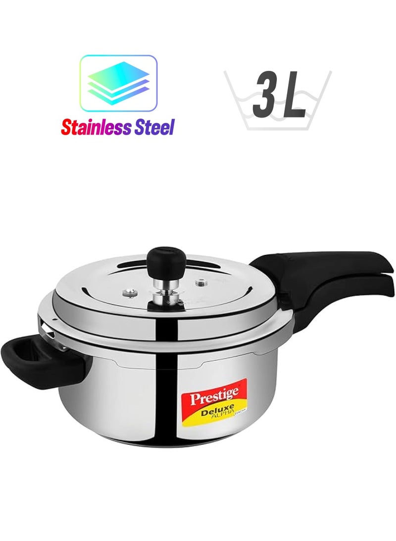 برستيج ديلوكس ألفا سفاش 3 لتر طنجرة ضغط من الفولاذ المقاوم للصدأ متوافق مع قاعدة مضادة للانتفاخ، مؤشر ضغط فريد فضي - Image 1