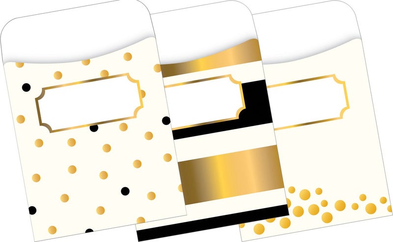 Barker Creek Peel & Stick Gold Library Pockets, 3 Designs, Great for Holding Library, Index, Flash Cards & More! 3½" x 5⅛", 30 Per Pkg (1237) - Image 1