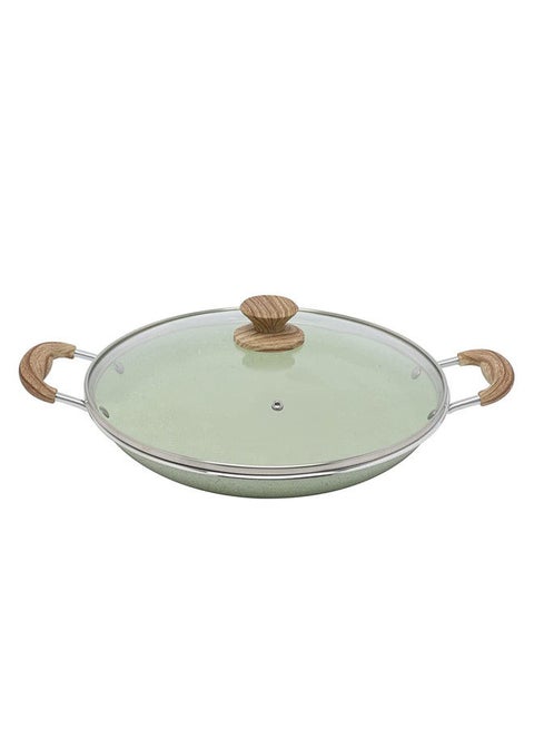 Non-Stick Aluminum Seafood Pan With Glass Lid With Soft Touch Wood Handle Light Green/Brown