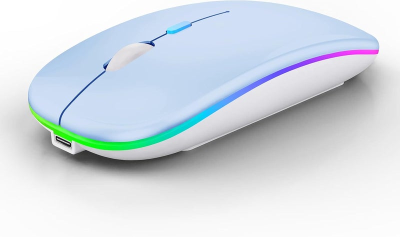 فأرة لاسلكية بلوتوث WREANU قابلة لإعادة الشحن لأجهزة الكمبيوتر المحمولة مع أضواء LED هادئة ونحيفة (BT5.2 و USB محمول 2.4G) فأرة كمبيوتر ثنائية الوضع لأجهزة الكمبيوتر المحمولة / iPad / Tablet / Apple / Computer / Mac (أزرق) - Image 1