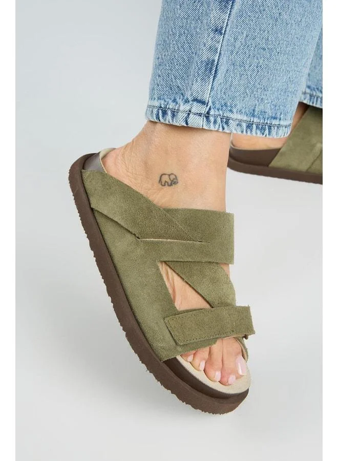 Elifi Women's Genuine Leather Strap strap Khaki Slippers.
