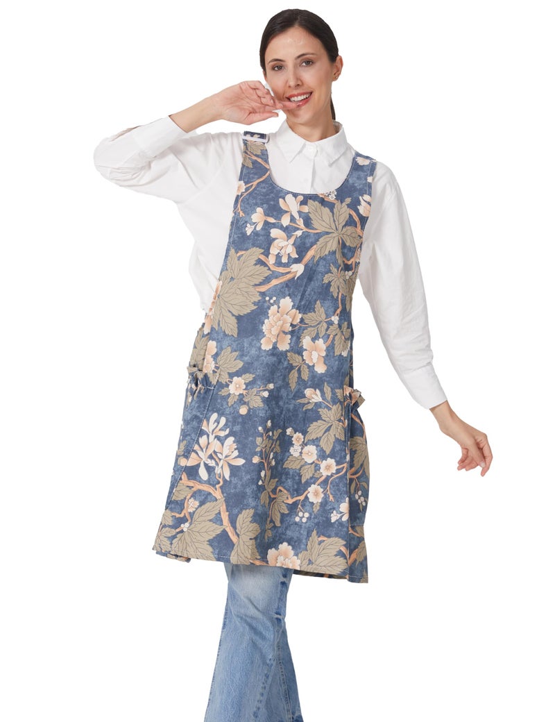 APRONNER Cozy Adjustable Cross Back Aprons for Women with Pockets Cotton Linen Cooking Kitchen Baking Camellia