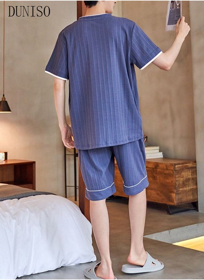 DUNISO - Men's Soft Pajamas Set 2 Piece Cotton Sleepwear Short Sleeve  Crewneck Top and Shorts Loungewear Summer Sleepwear Set Home Wear - Image 1