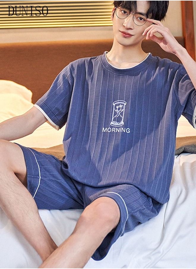 DUNISO - Men's Soft Pajamas Set 2 Piece Cotton Sleepwear Short Sleeve  Crewneck Top and Shorts Loungewear Summer Sleepwear Set Home Wear - Image 1