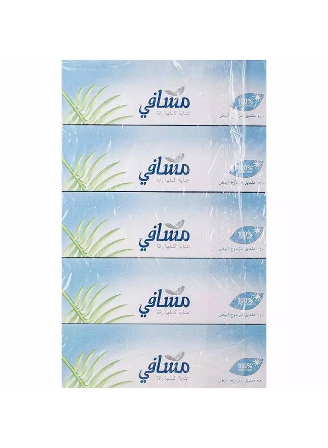 Masafi Pure Soft White Tissue Pack of 5 pcs, 150 x 2ply White Tissues, Skin Care Facial Tissue - Image 4