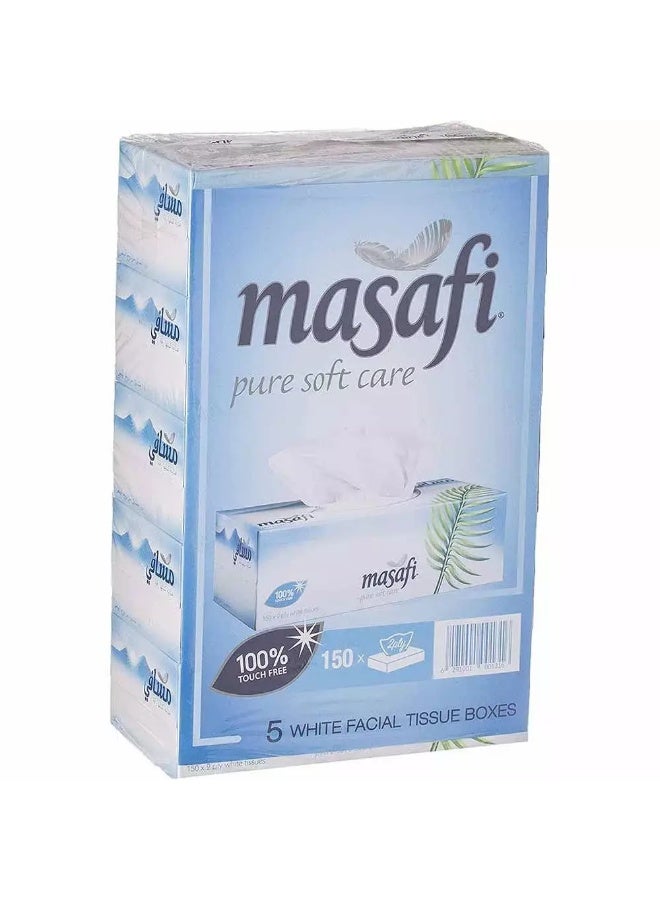 Masafi Pure Soft White Tissue Pack of 5 pcs, 150 x 2ply White Tissues, Skin Care Facial Tissue - Image 1