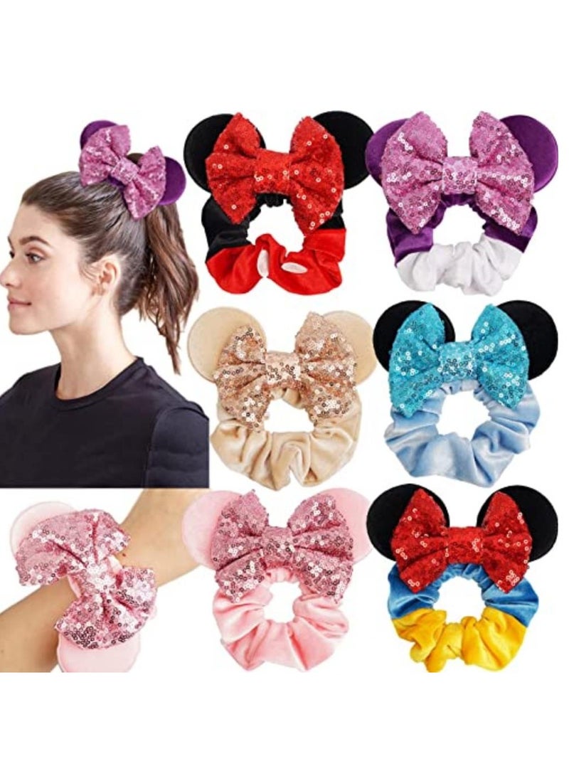 SOLARAE Mouse Ear Scrunchies 6Pcs Elastic Hair Bands Cute Ponytail Ties Soft Velvet Sparkle Sequin Bow Scrunchy for Thin or Thick Hairs No Damage Women Accessories for Kids Girls Adults - Image 1